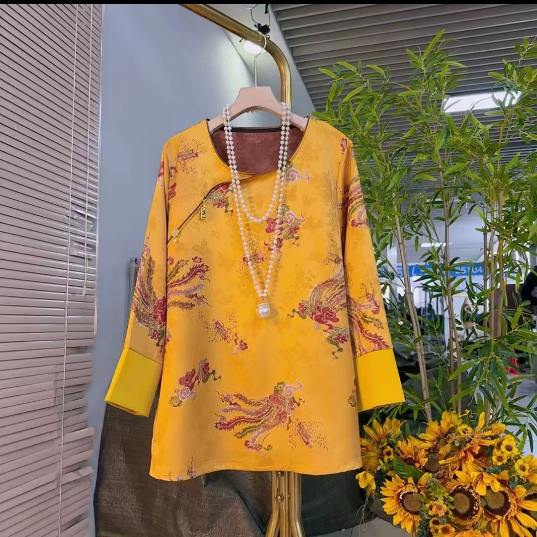 芃9073秋冬新款大码女装新中式国风斜襟盘扣提花雪纺衫上衣
