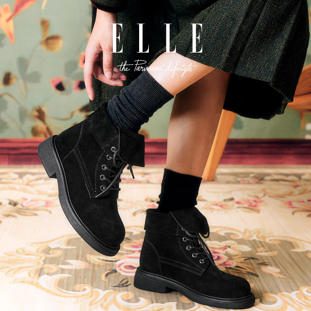 ELLE商场同款翻领工装马丁靴女2025冬季真皮绒面大黄靴厚底短靴子