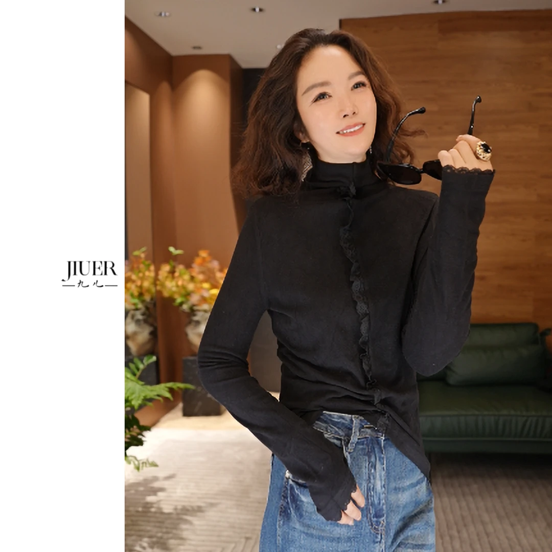 JIUER欧洲站木耳领半高领德绒小衫气质长袖秋冬轻奢显瘦内搭3226