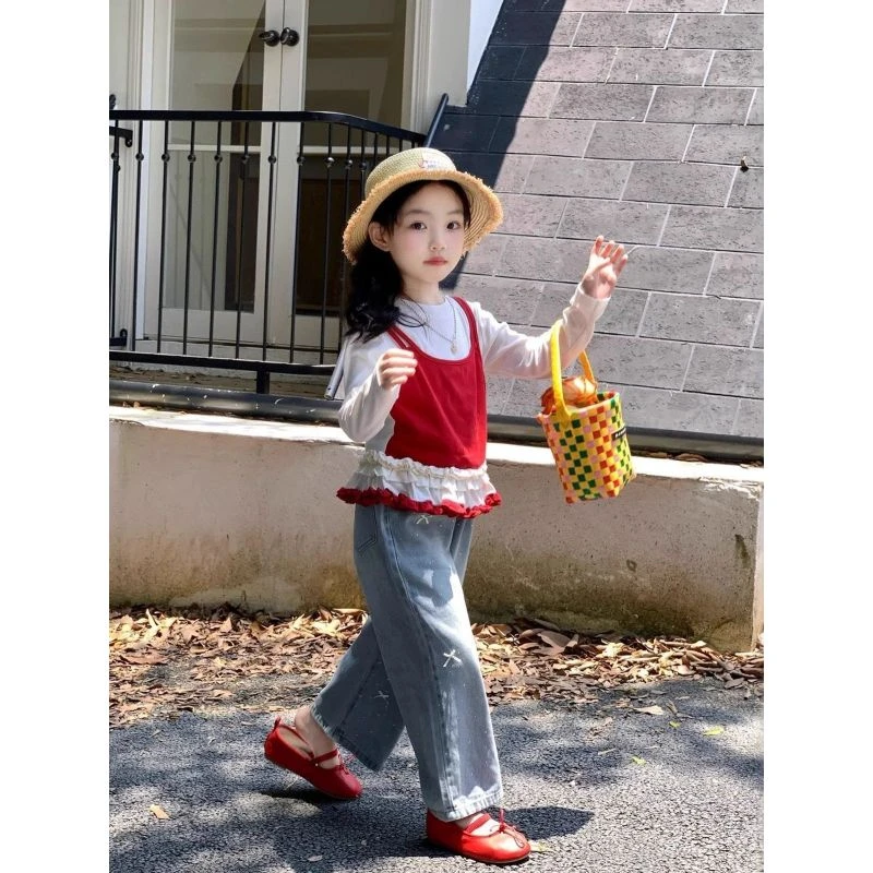 女童秋季套装2025新款儿童木耳边假两件T恤宝宝蝴蝶结牛仔直筒裤