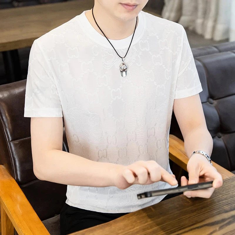 【爆款热销】夏季新款男士时尚冰丝短袖t恤 舒适透气百搭男装上衣-W