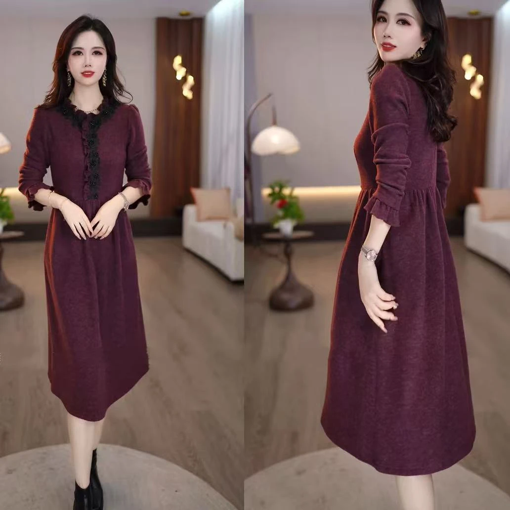 【连衣裙】秋季新款紫红色简约精致宽松温柔优雅时尚显瘦连衣裙