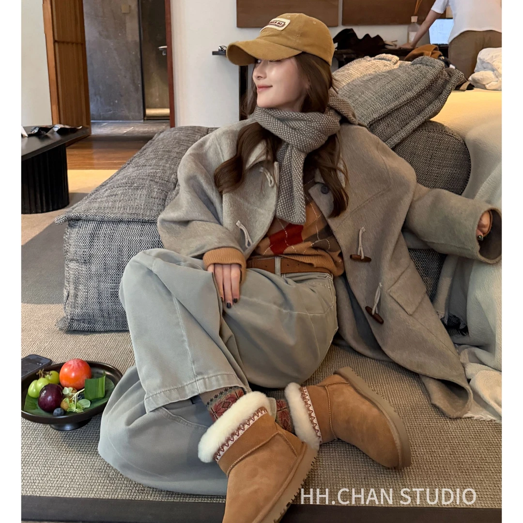 HH.CHAN“女主”羊绒&羊毛韩系杏色中长款温柔牛角扣大衣HH53R39580