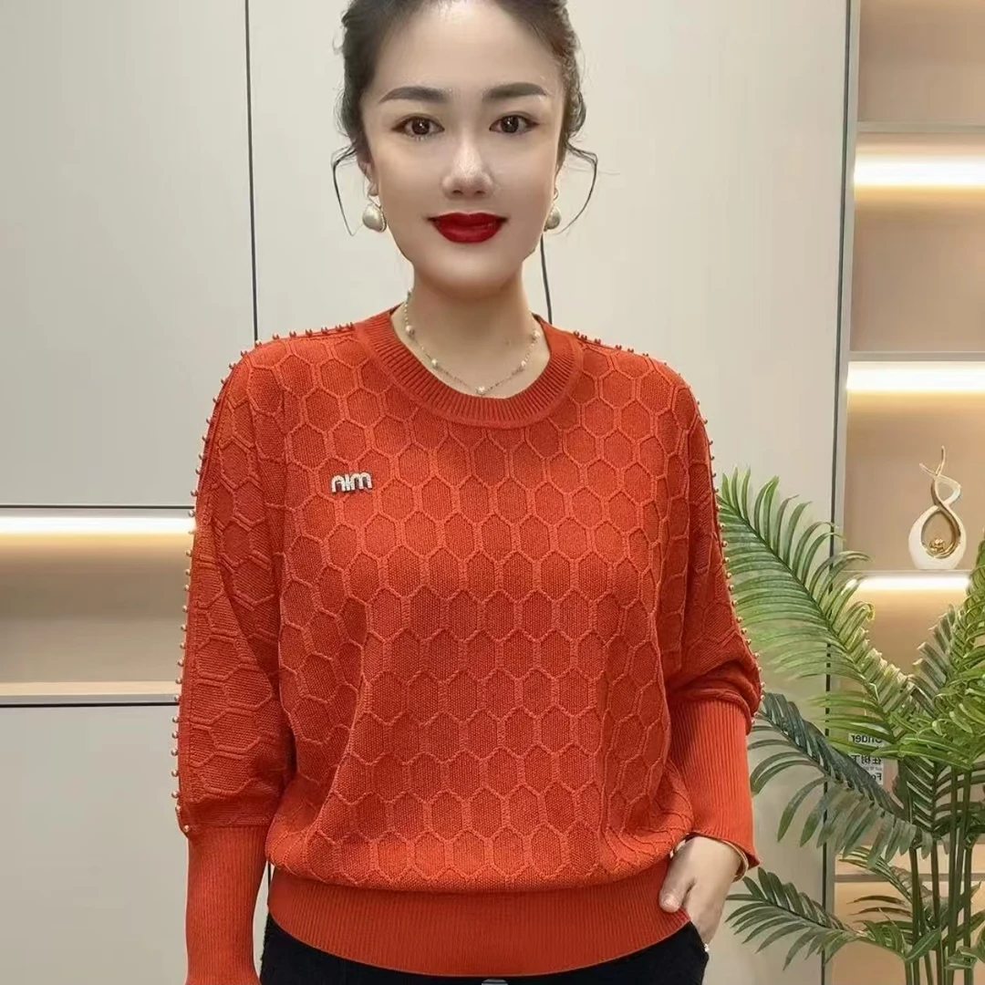 春季新款纯色简约肩珠焦麻针织衫女时尚洋气中年妈妈宽松毛衣2025