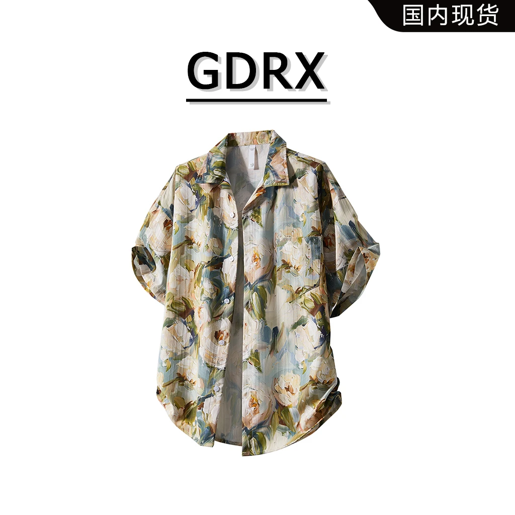 GDRX中国风提花男士短袖衬衫2025夏季新款宽松复古海边休闲衬衣