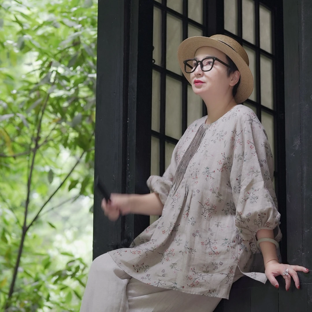 禾记年/原创【珠漪】雨露麻圆领风琴褶复古印花宽松衬衫短上衣夏季