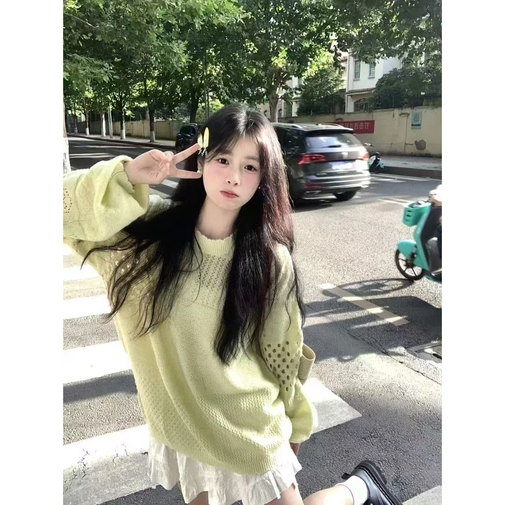 韩系镂空钩花长袖针织衫女2025早秋新款慵懒风半身裙两件套装