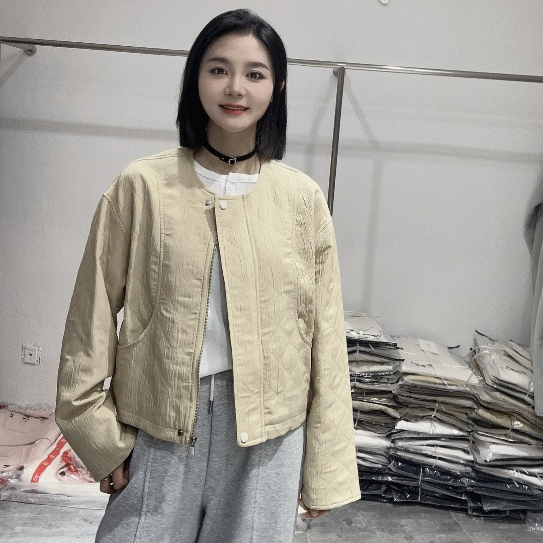 LMM 8182 欧货时尚菱形格圆领撞色短款外套女春季新款宽松休闲