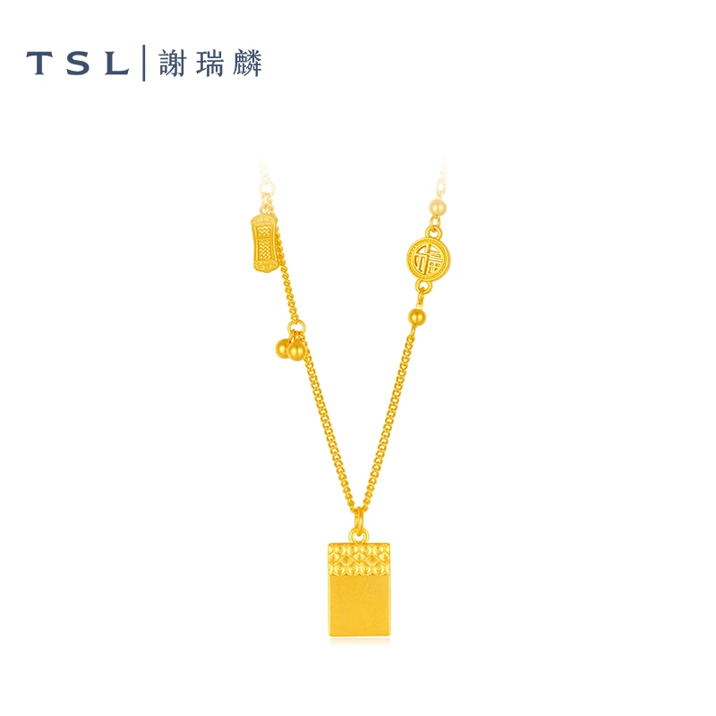 TSL/谢瑞麟计价足金999古法平安无事牌算盘黄金套链时尚轻奢礼物