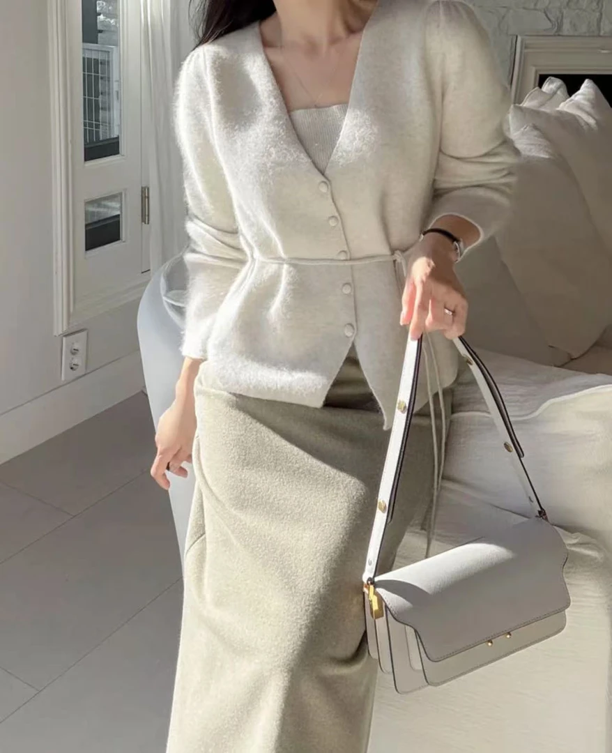 95新 MARNI 米灰色风琴包 23cm 14135400