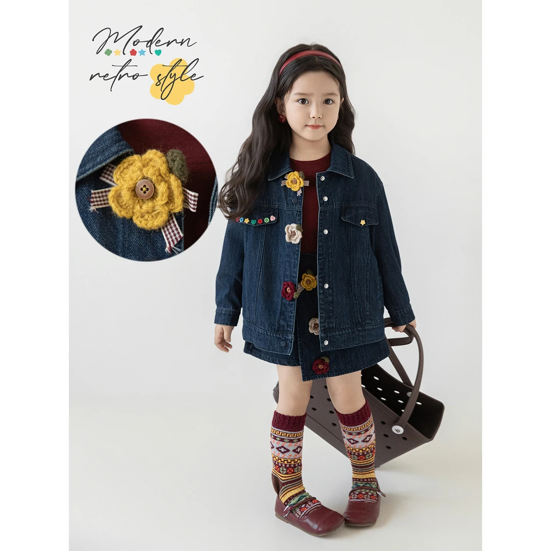 幼悠女童春装花朵牛仔外套裙套装可爱超萌儿童衣服CD1638 CD1959