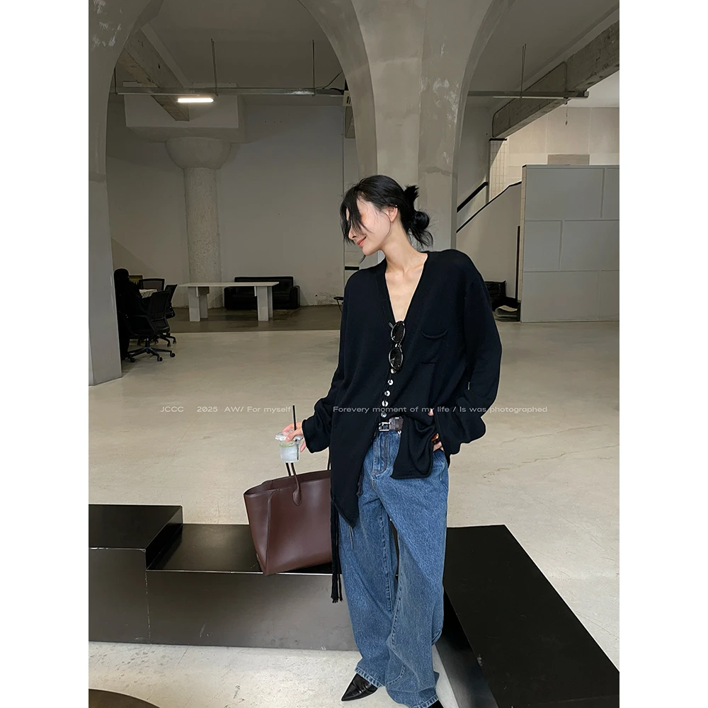 JCCC影子【解扣式】黑色绵羊毛混纺多纽扣设计感针织开衫JE5BZS19