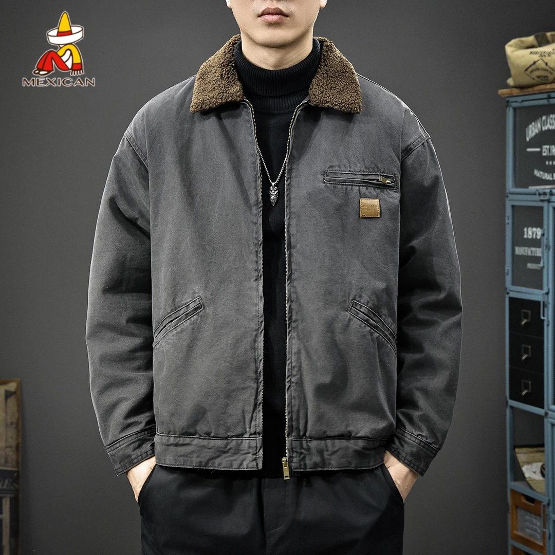 Mexican/稻草人冬季羊羔绒工装夹克男款美式休闲加绒加厚翻领外套
