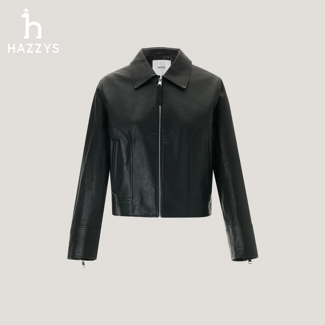 【商场同款】HAZZYS秋季女士休闲羊皮革皮衣短款气质时尚皮衣外套女