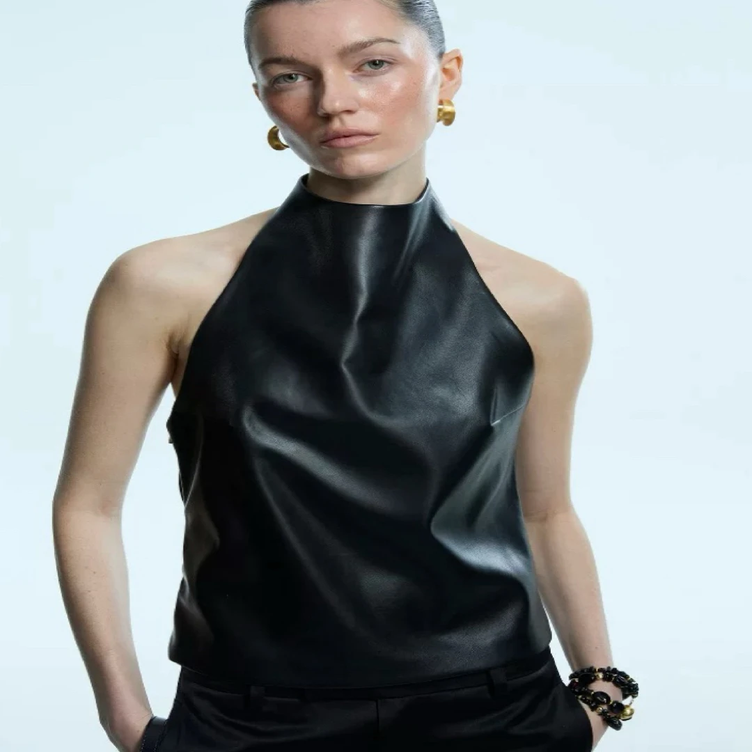 黑色露肩挂脖 皮背心气质短款露背上衣 Sipclass设计师品牌