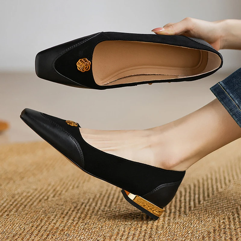 真皮拼接金属扣明星同款百搭鞋子小方头浅口单鞋女一脚蹬仙女鞋子