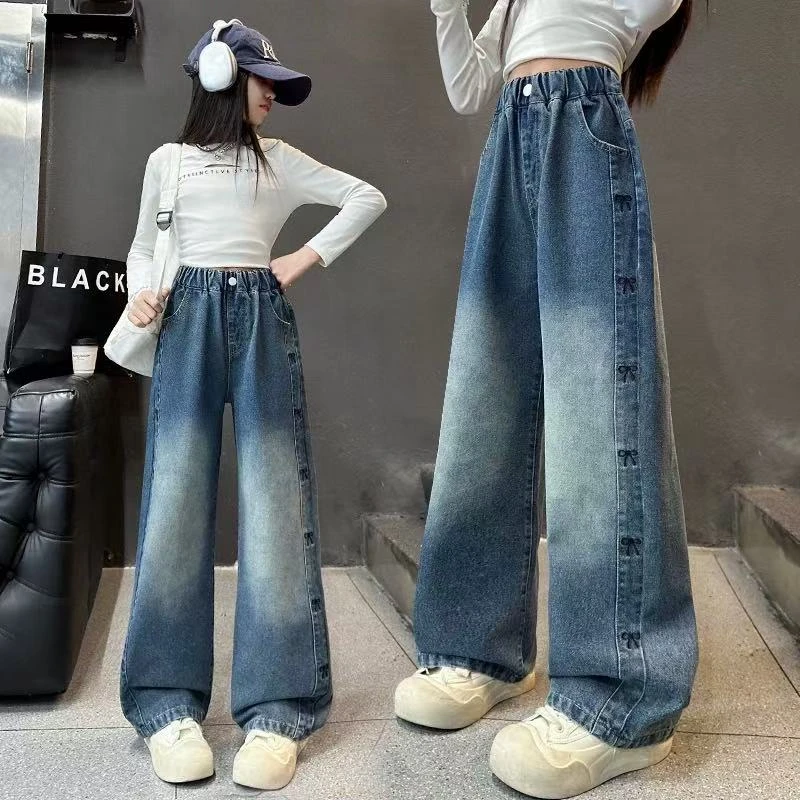 女童裤子秋季外穿2025新款春秋洋气直筒阔腿长裤中大童宽松牛仔裤