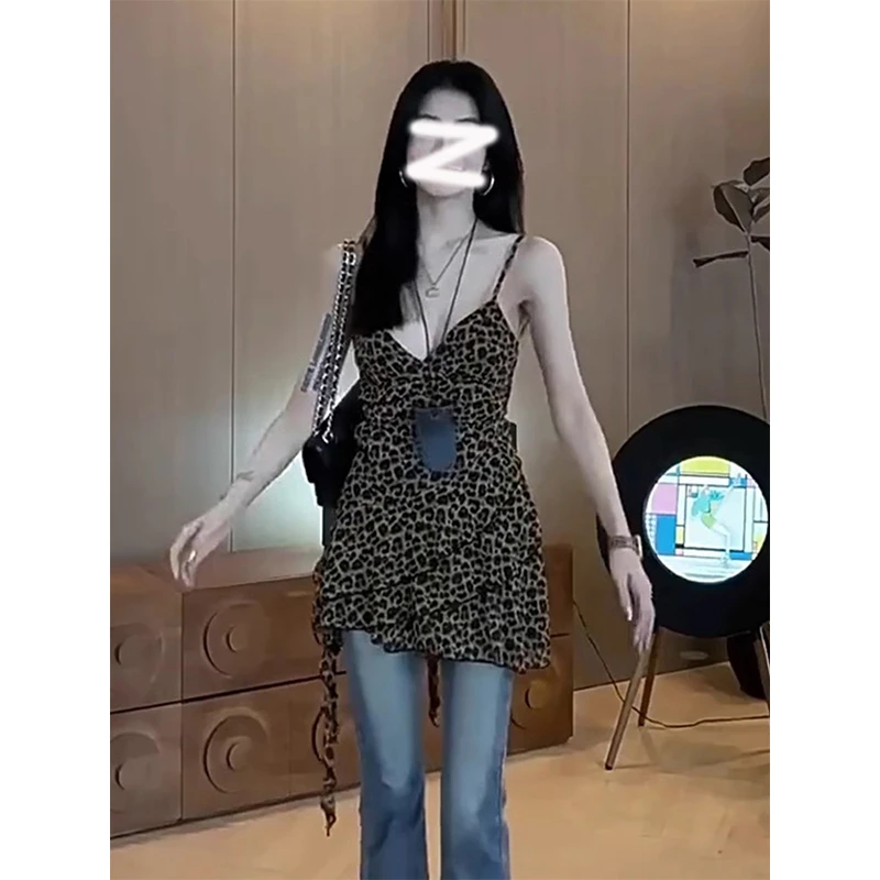 韩系内搭豹纹不规则绝美吊带背心女夏季绝美宽松炸街坎肩无袖上衣