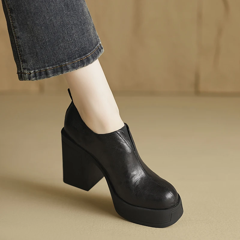 小个子手工女鞋10cm~复古棕色防水台高跟粗跟深口单鞋厚底小皮鞋