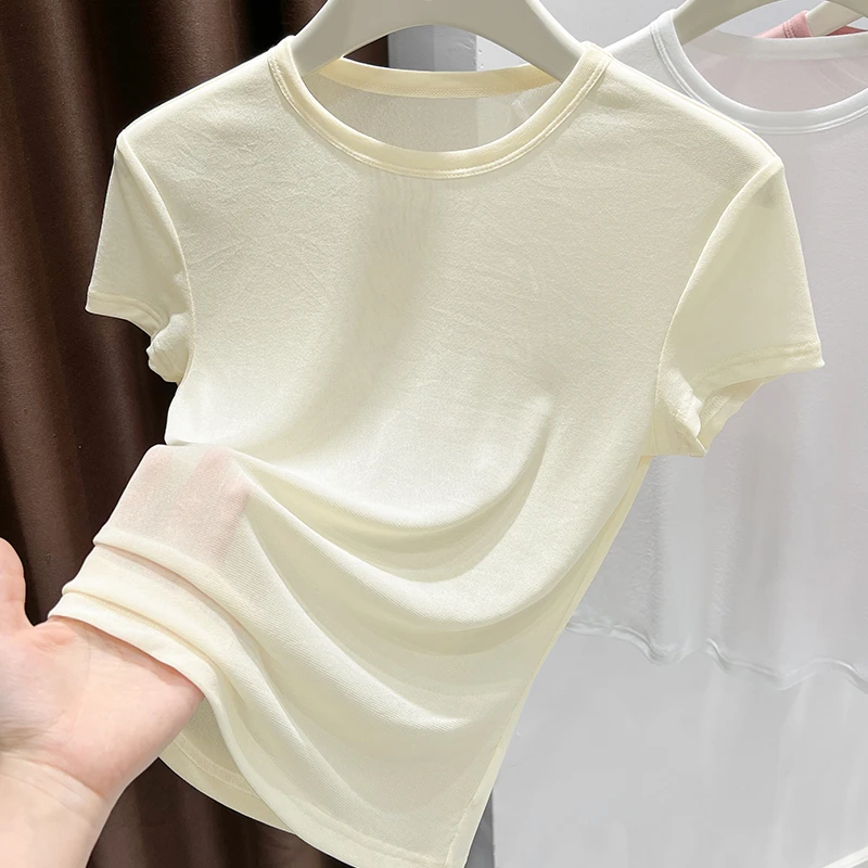 杏色网纱修身薄透款设计感T恤女透气2025夏季圆领短袖打底衫上衣