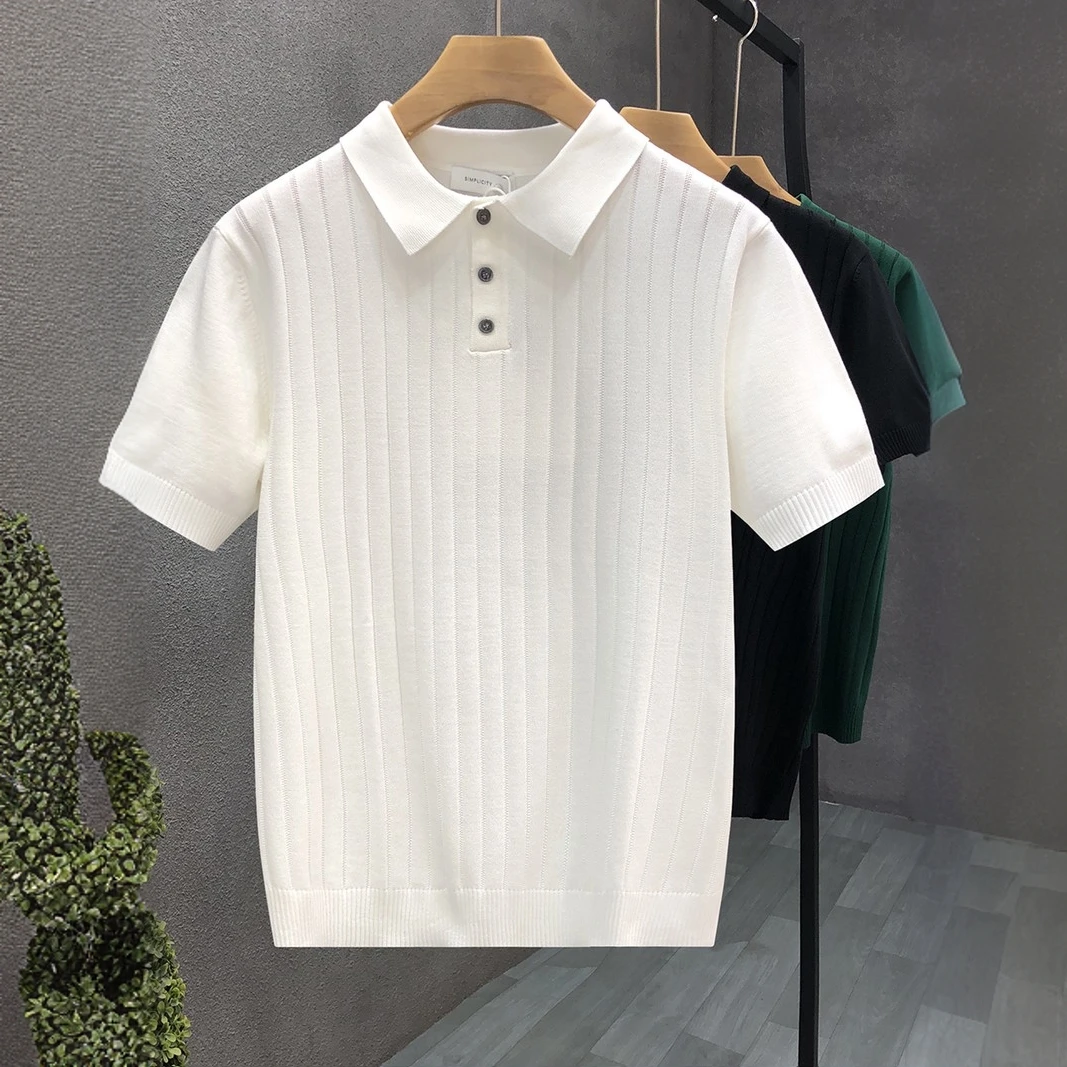 梦泡官方高端翻领短袖毛衣男款春夏季薄款假男男士薄款针织开衫