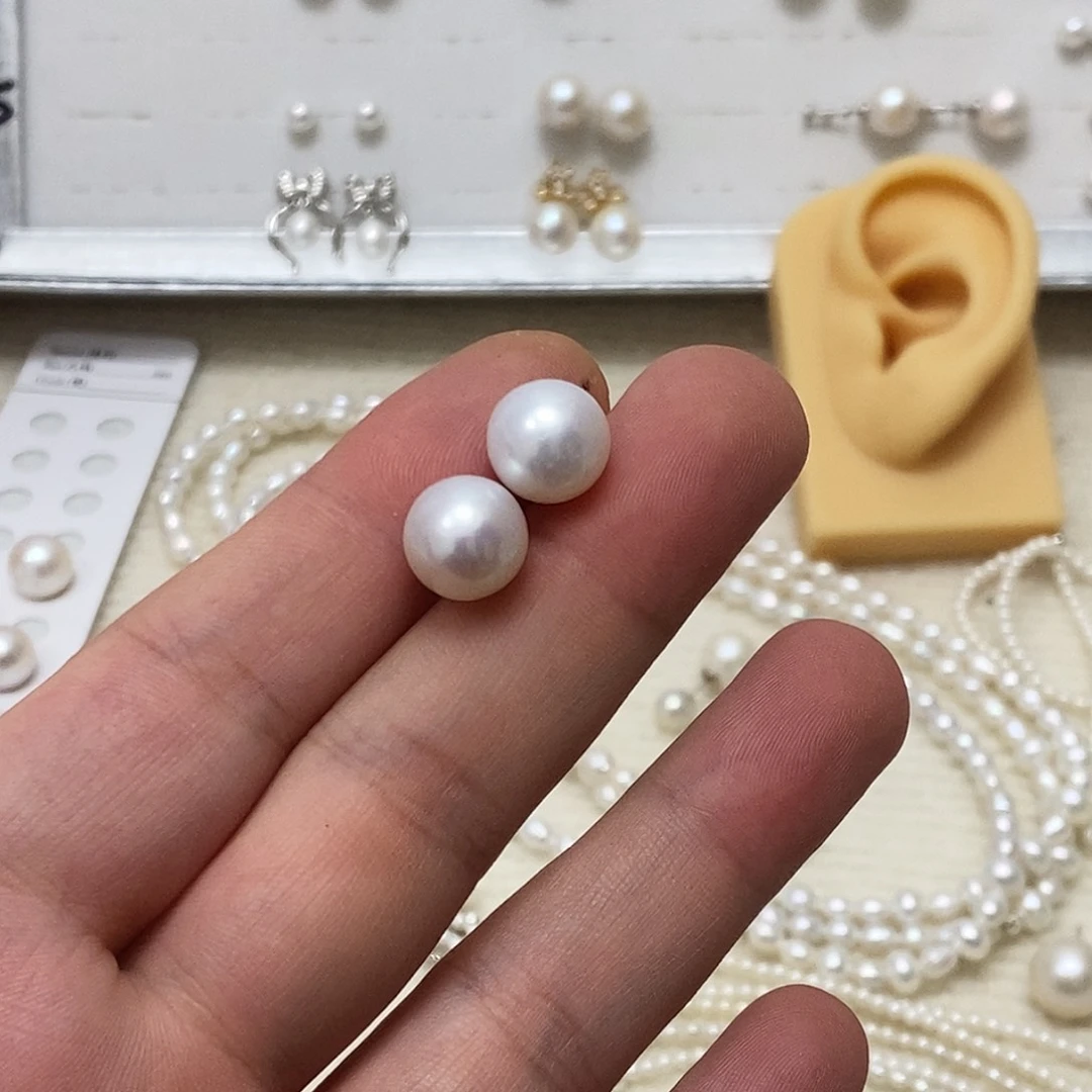 银S925镶嵌11m粉光微瑕珍珠耳钉淡水珍珠