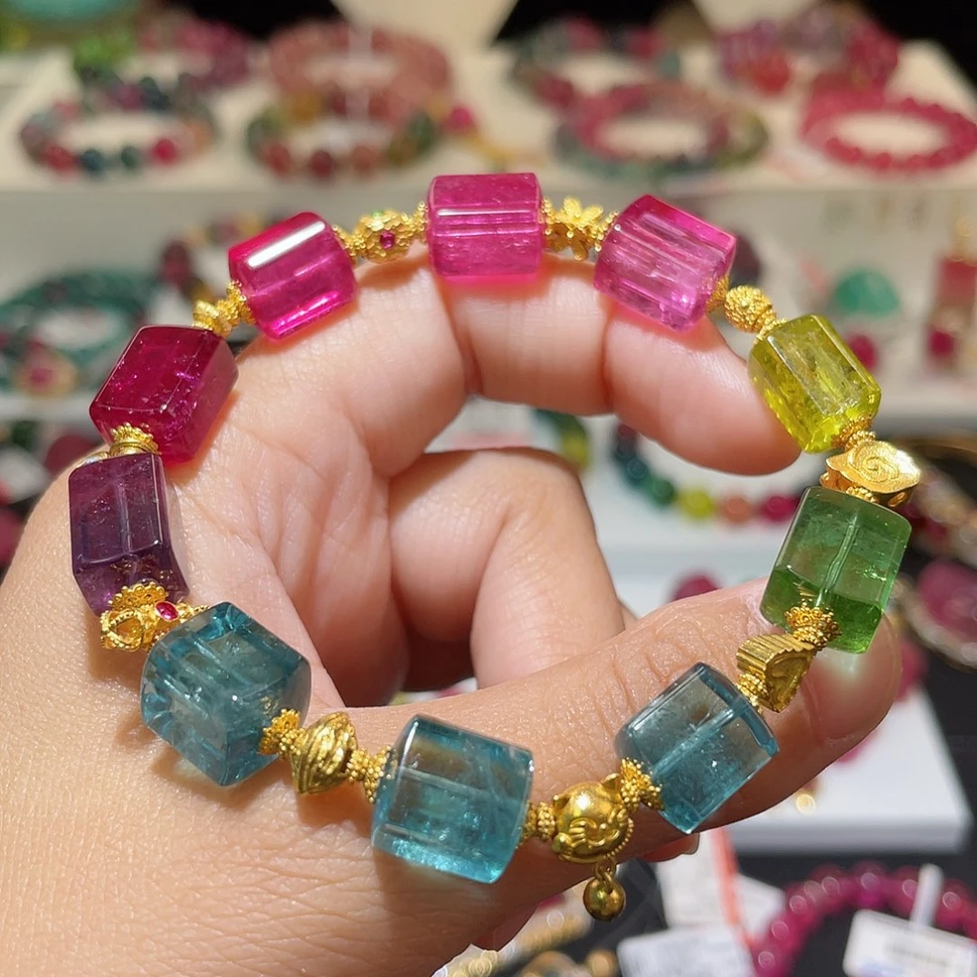 碧玺手链18K金镶嵌 色标级 荧光方糖设计款8-9+mm