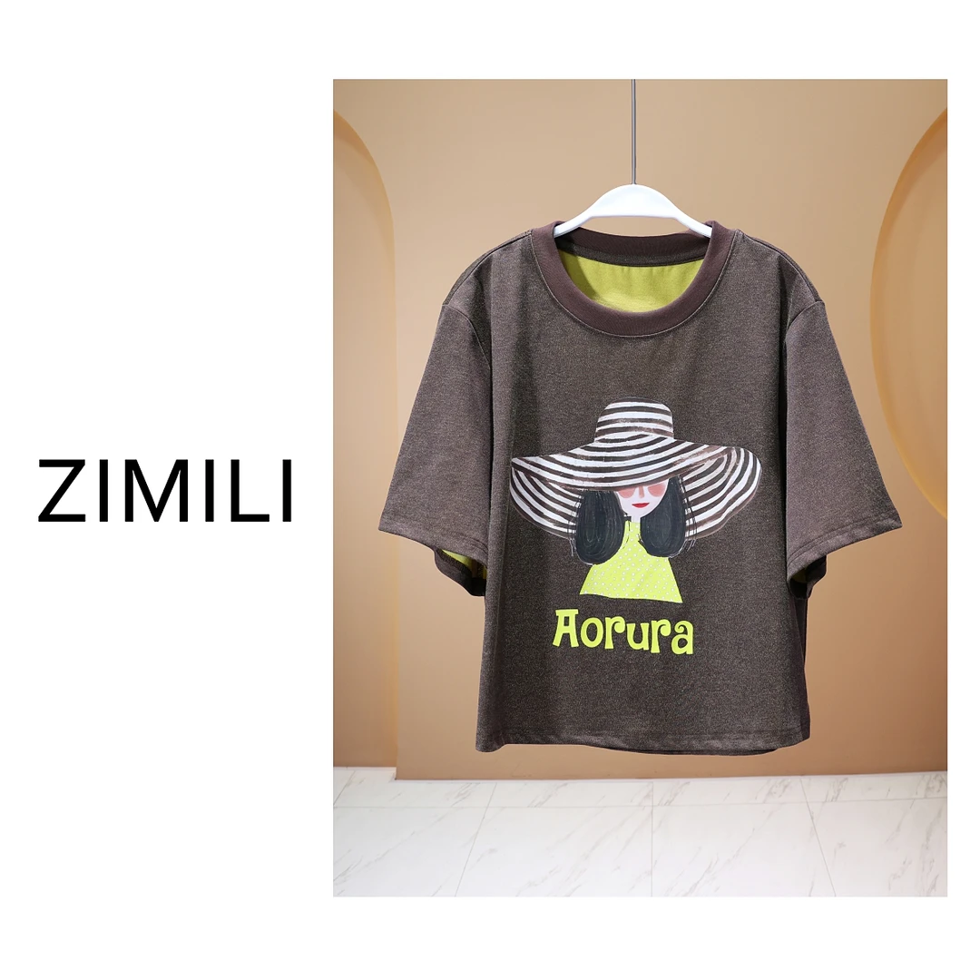 【亮哥女装】2025欧版设计师茶褐色简约时尚印花休闲短袖9119-B2