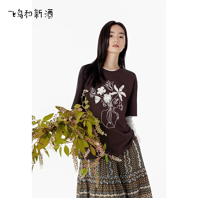 飞鸟和新酒复古文艺印花T恤女秋季美拉德穿搭风上衣FD55091021