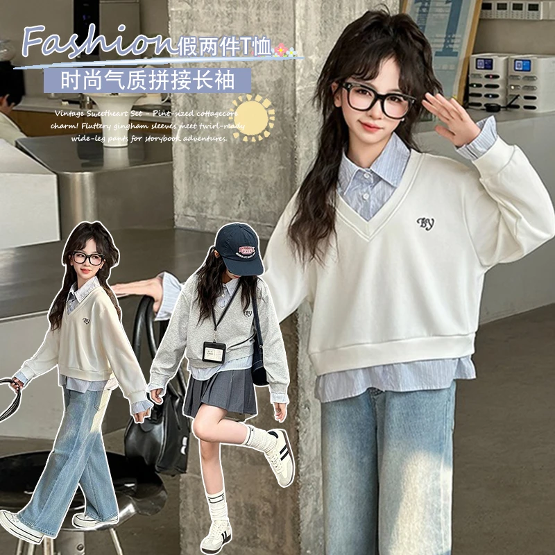 女童学院风卫衣洋气2025新款儿童衣服假两件上衣衬衫打底衫童装