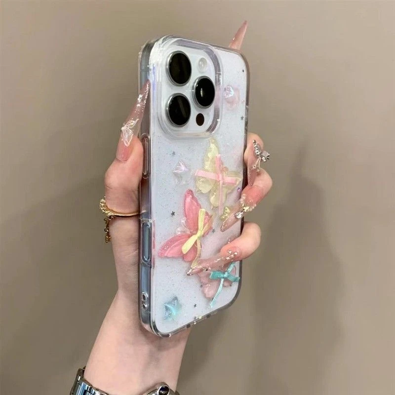 闪粉立体彩色蝴蝶适用苹果16promax手机壳iPhone15新款14女13