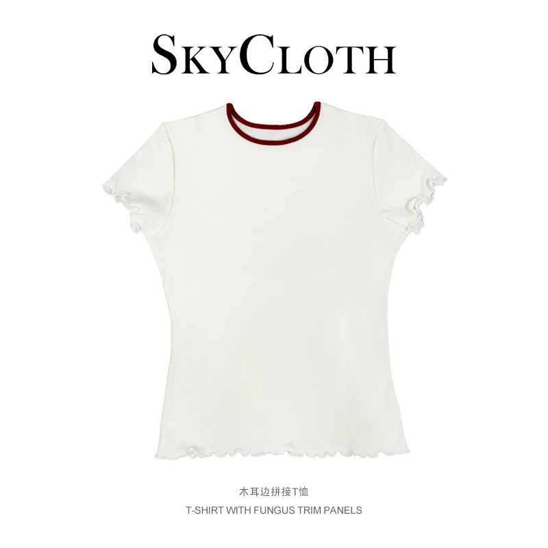 SkyCloth 春季新款简约时尚圆领百搭纯色纽扣花边短袖T恤F25C1086