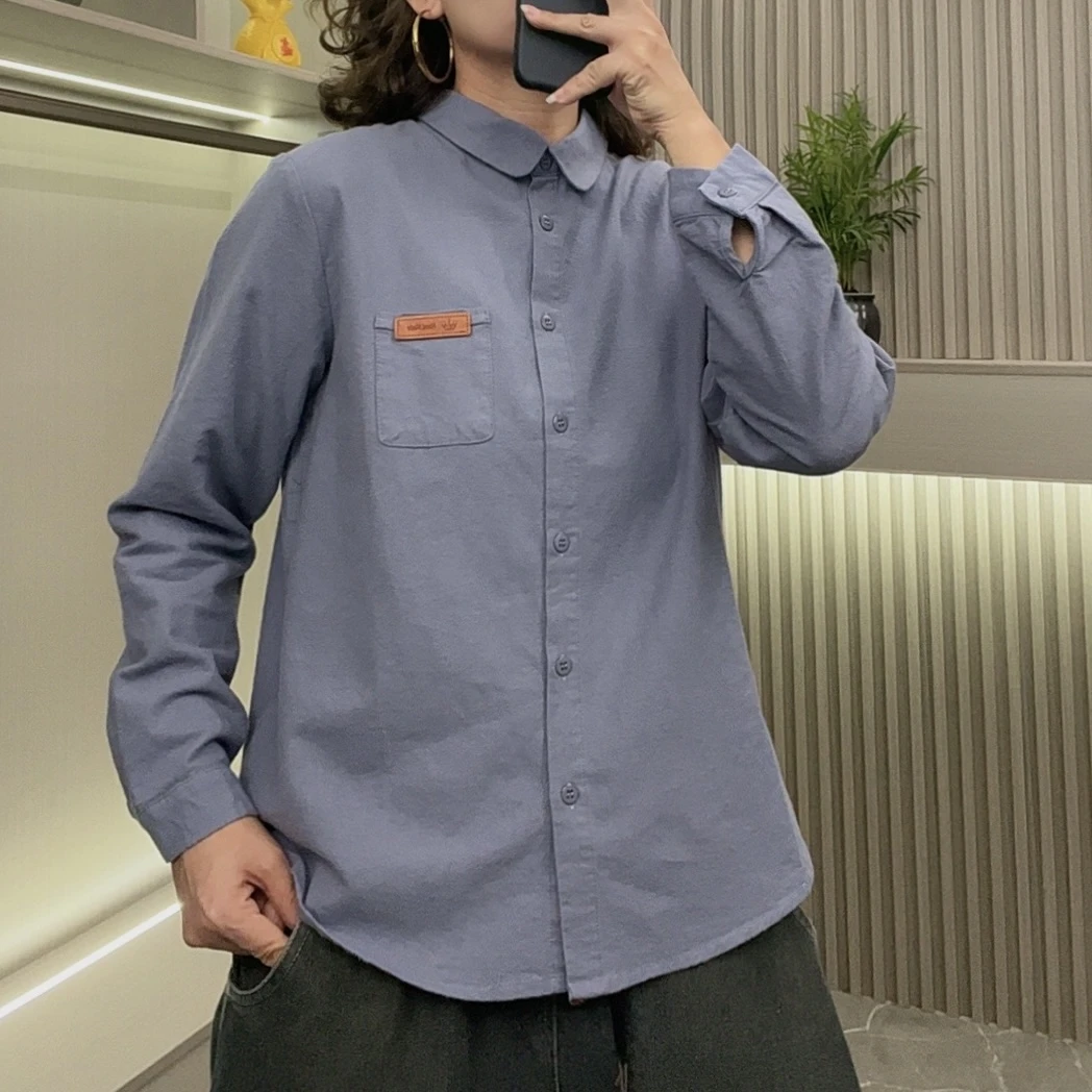 秋冬磨毛贴标口袋长袖衬衫女复古休闲百搭开衫衬衣