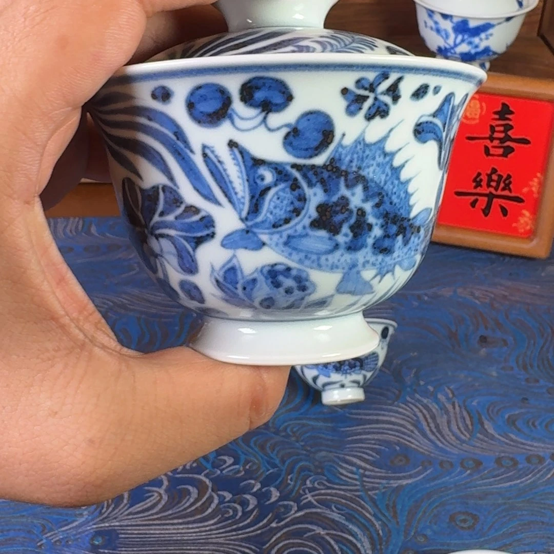 景德镇全手工手绘仿元鱼藻纹两才盖碗