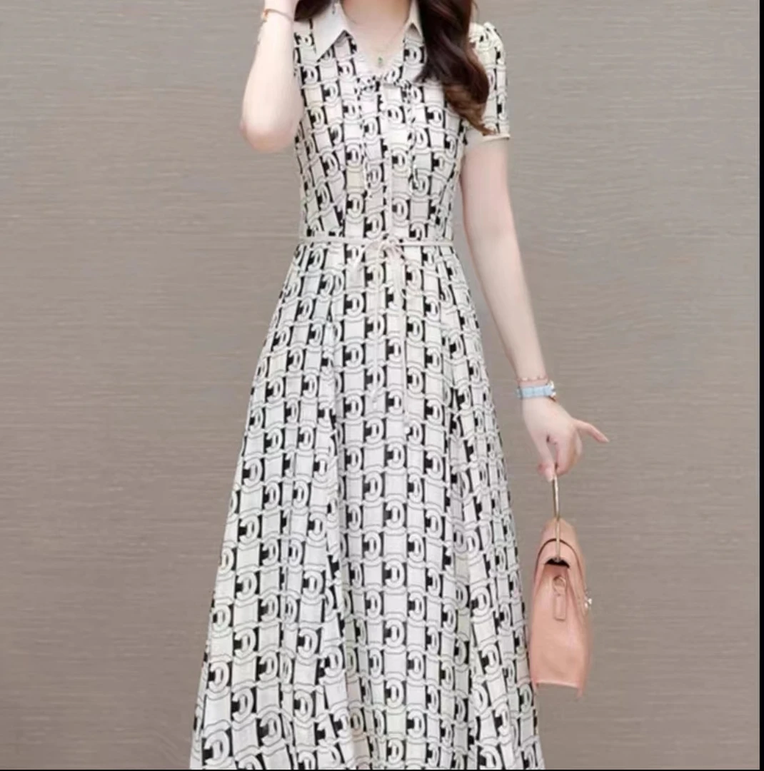 【JX56咖黑字母裙】2025时尚优雅百搭洋气款夏季短袖中长款连衣裙