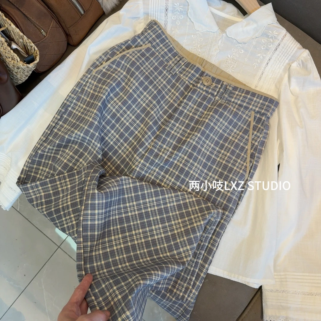 两小吱《蓝色格调》格子休闲阔腿裤直筒裤