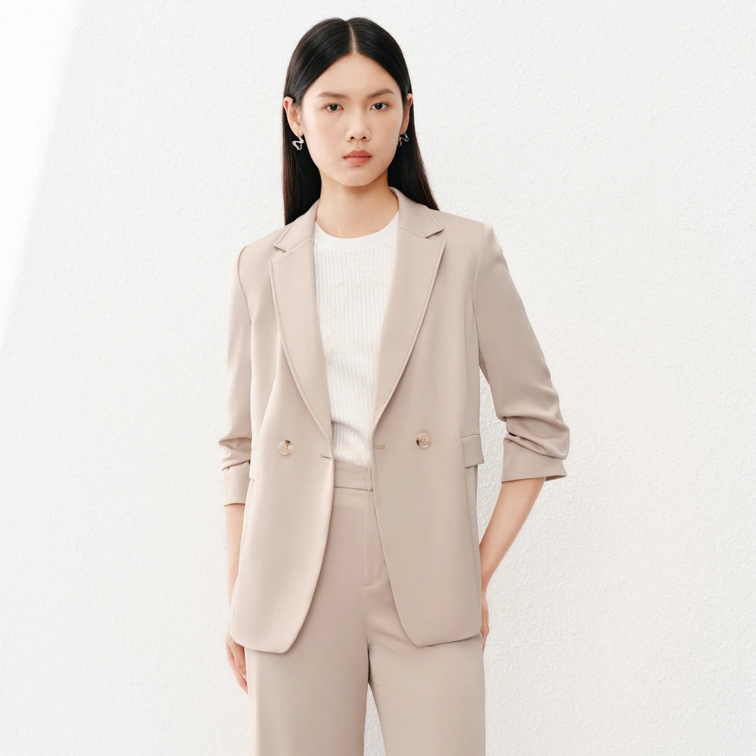 【晨粉专享价】【气质通勤】春秋款休闲OL抽褶设计五分袖西装外套女