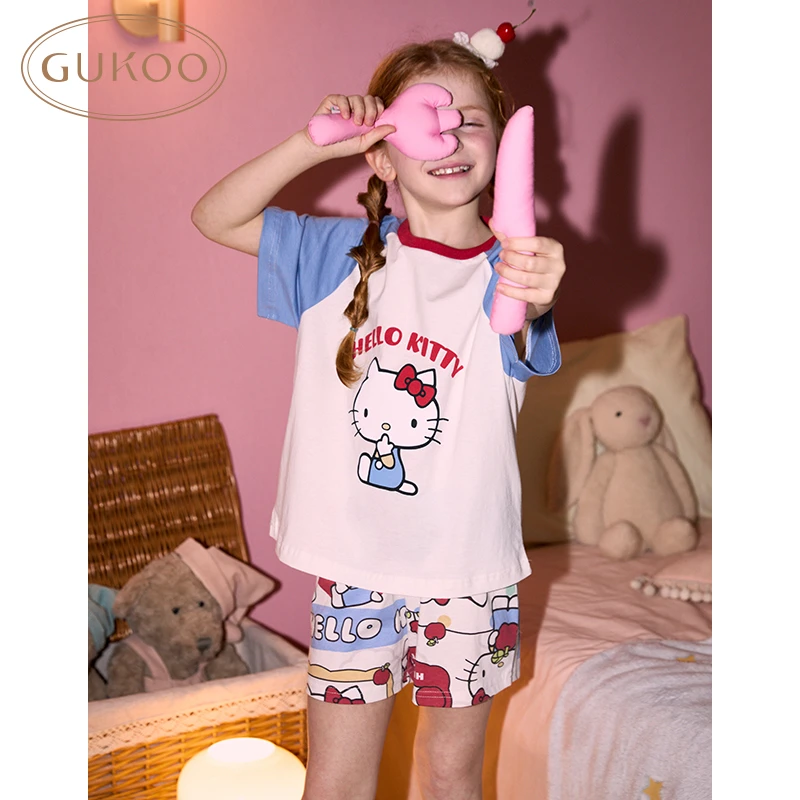 【Gukoo果壳】HelloKitty联名夏季纯棉短袖卡通印花儿童家居服套装