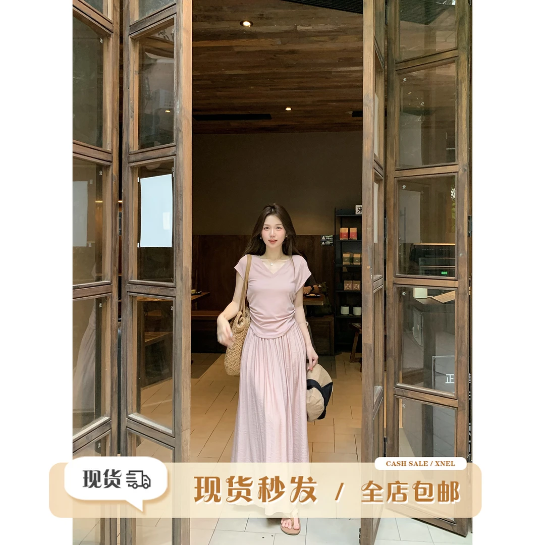 陳文文xenl【冰雾沁粉】夏季温柔风极简套装掐腰上衣半裙两件套0126