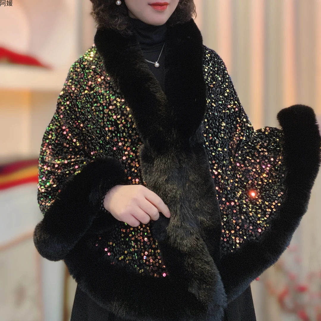 可可贵妇毛领披肩新款冬季亮片旗袍披肩气质保暖洋气百搭披肩外搭