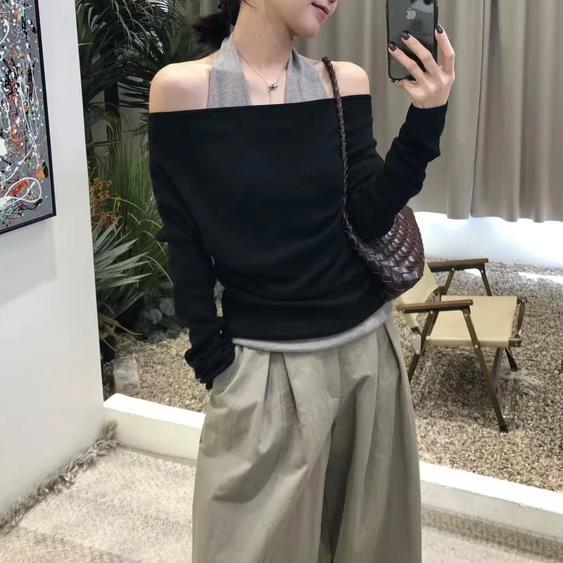 法式松弛感慵懒斜肩假两件挂脖背心2025时尚显瘦毛衣氛围感气质女