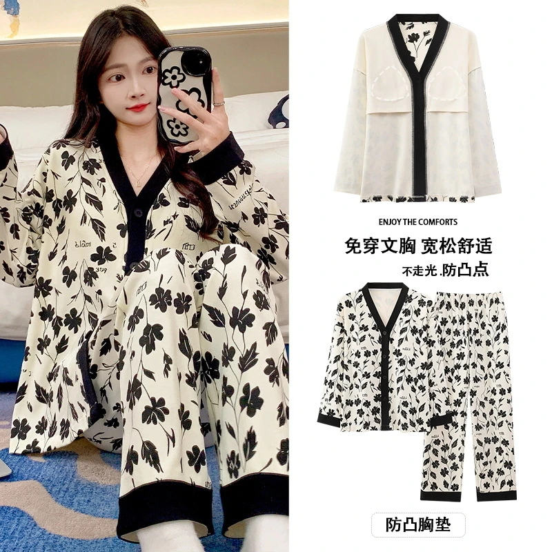 秋季新款带胸垫睡衣女长袖新中式国风开衫家居服套装夏可外穿夏季