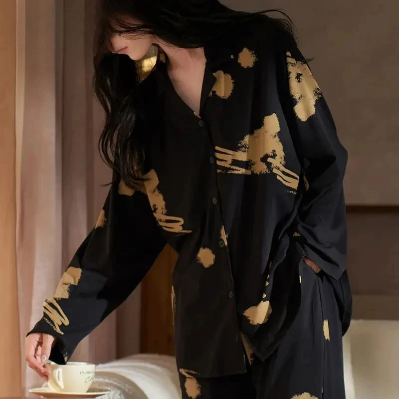 元族睡衣女春秋季2025新款棉长袖套装休闲翻领可外穿家居服lz