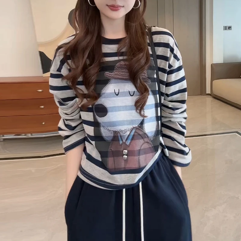 慵懒风条纹卡通印花长袖t恤女2025春秋新款宽松显瘦减龄内搭上衣