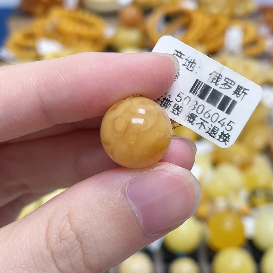 蜜蜡未镶嵌珠宝奇石圆珠浓蜜鸡油红虎皮妖花沁色14.5mm