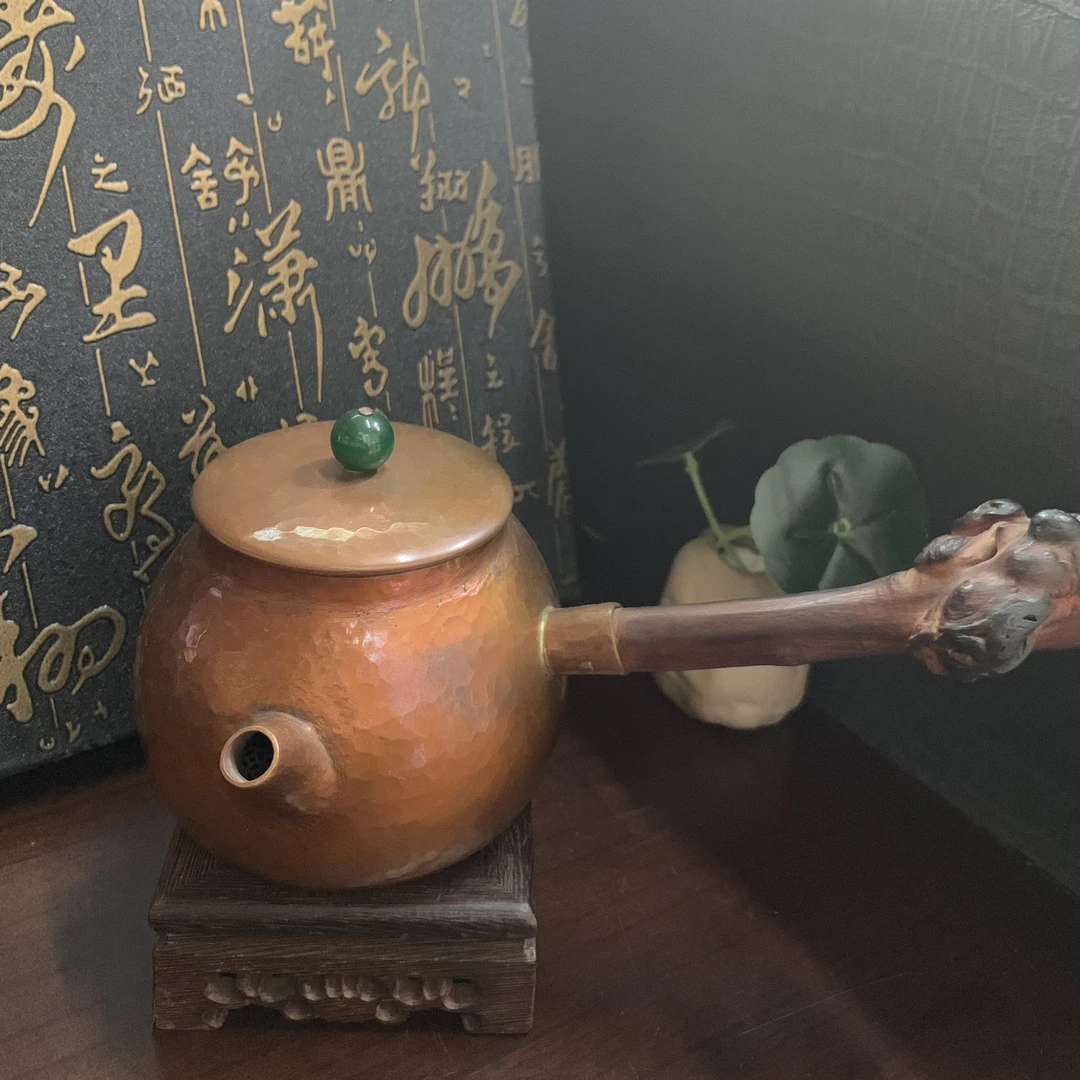 87号纯手工制作 长寿木柄侧把铜壶 纯铜制作煮水全手工