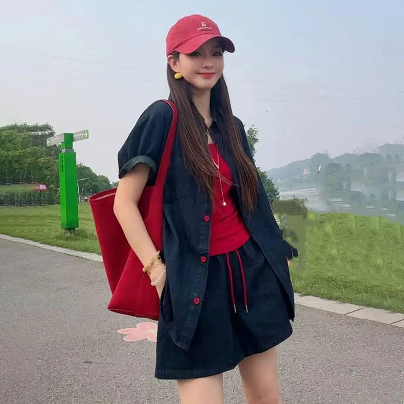 大码休闲牛仔套装女夏季新款胖MM遮肉气质短袖衬衫短裤减龄两件套