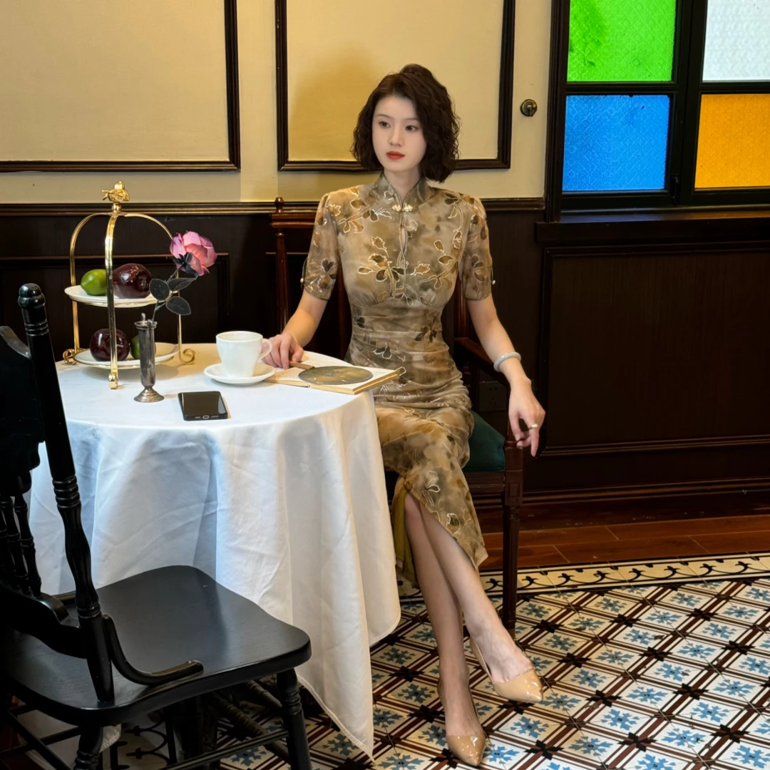 彩彩家【洛花倾城】夏季显瘦中长款气质收腰修身复古设计改良旗袍