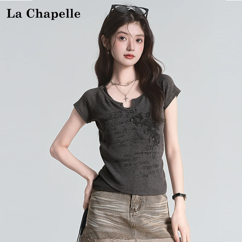 拉夏贝尔夏季气质纯欲假两件挂脖短袖t恤女休闲性感辣妹修身上衣