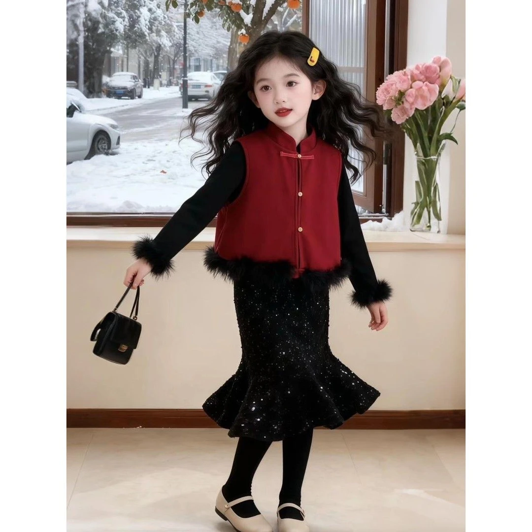 女童拜年服2025新款冬装新中式红色新年衣服战袍套装儿童过年服装